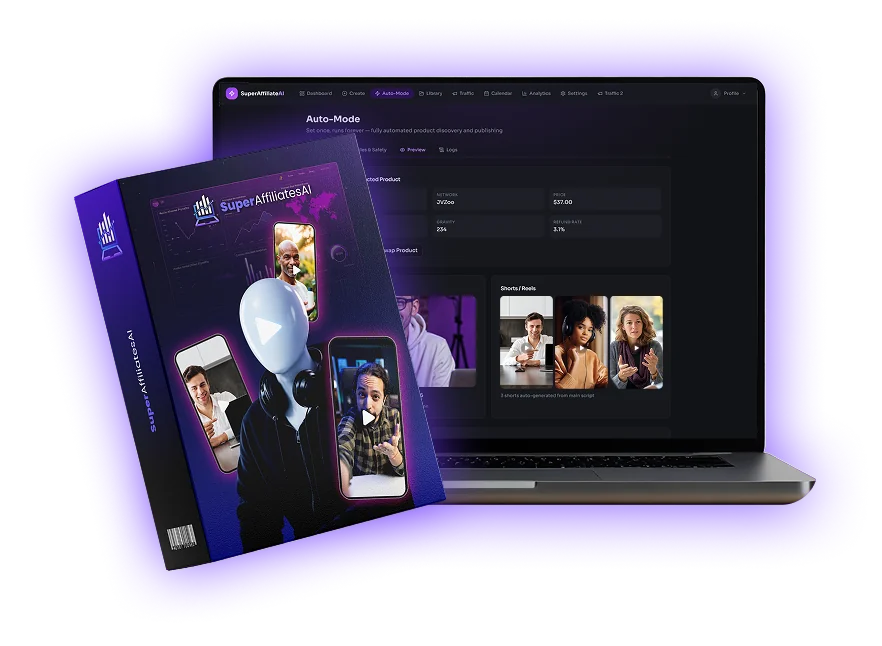 SuperAffiliatesAI review SuperAffiliatesAI review: AI faceless affiliate review video software dashboard and product box by Abhi Dwivedi